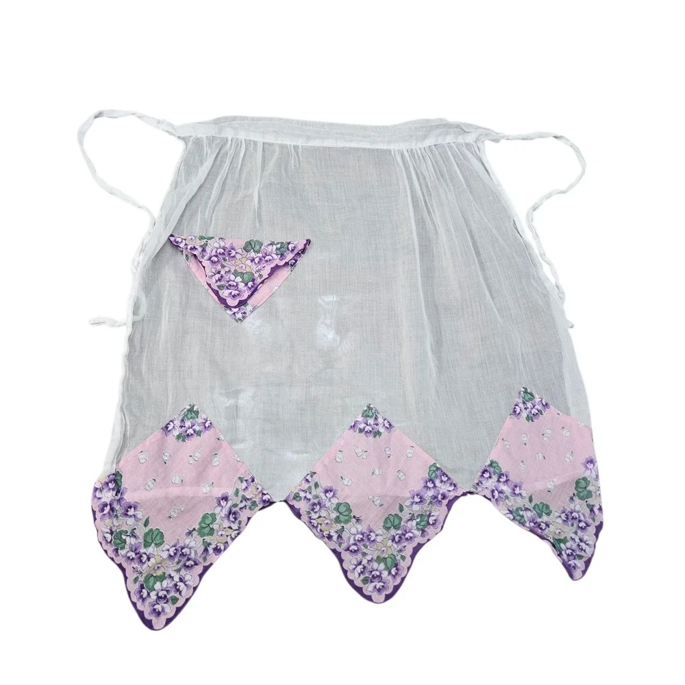 Vintage 60s 70s White Sheer Half‎ Apron Floral Patchwork Purple Flower Cottage